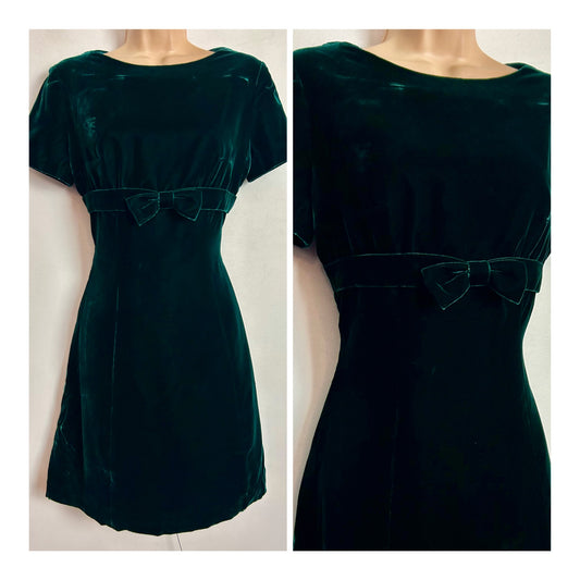Vintage 1960s UK Size 8-10 Bottle Green Velvet Bow Detail Xmas Mod Dress