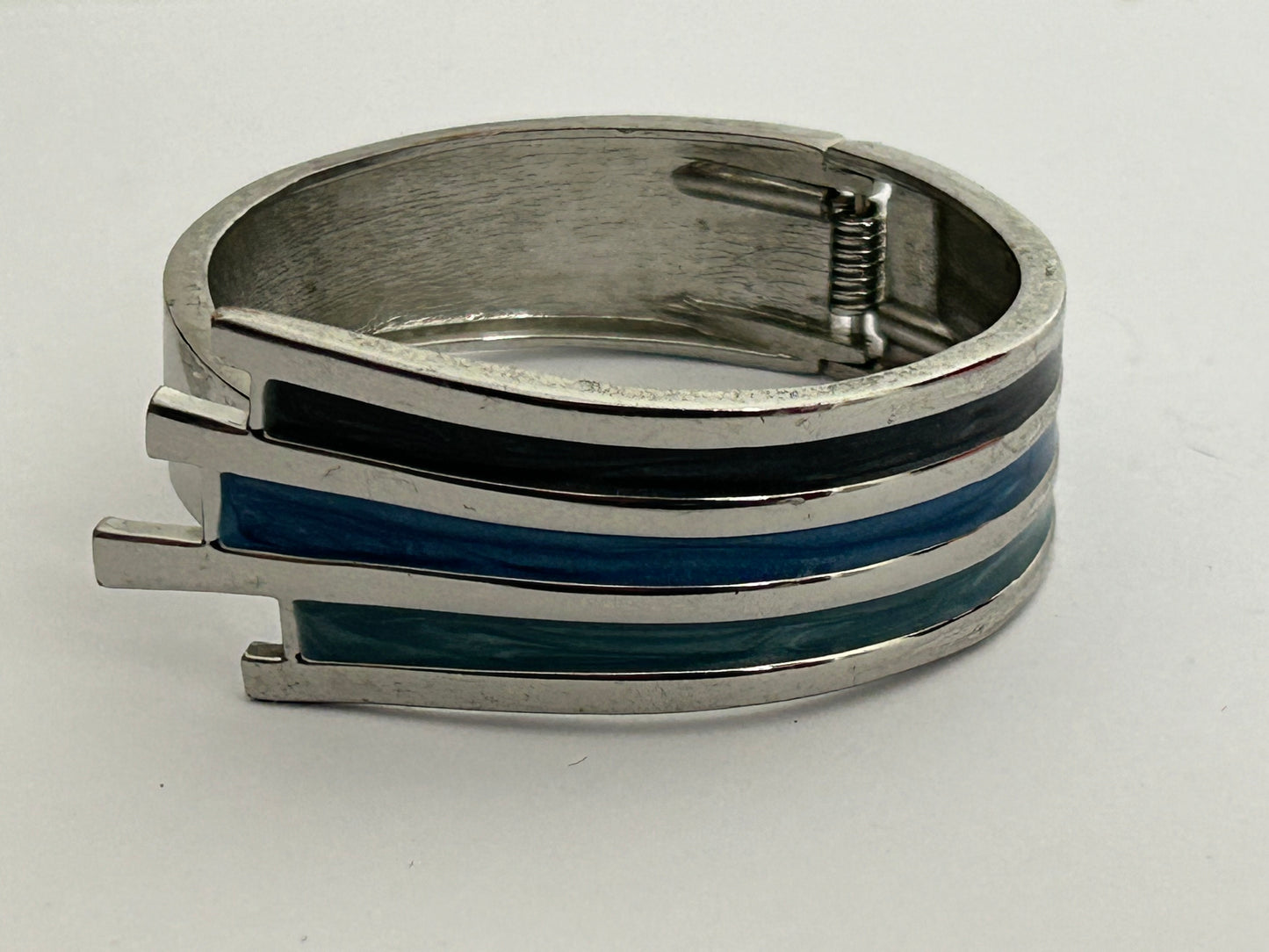 Vintage 1970s Silver Tone & Blue Enamel Modernist Hinged Clamper Bangle/Bracelet