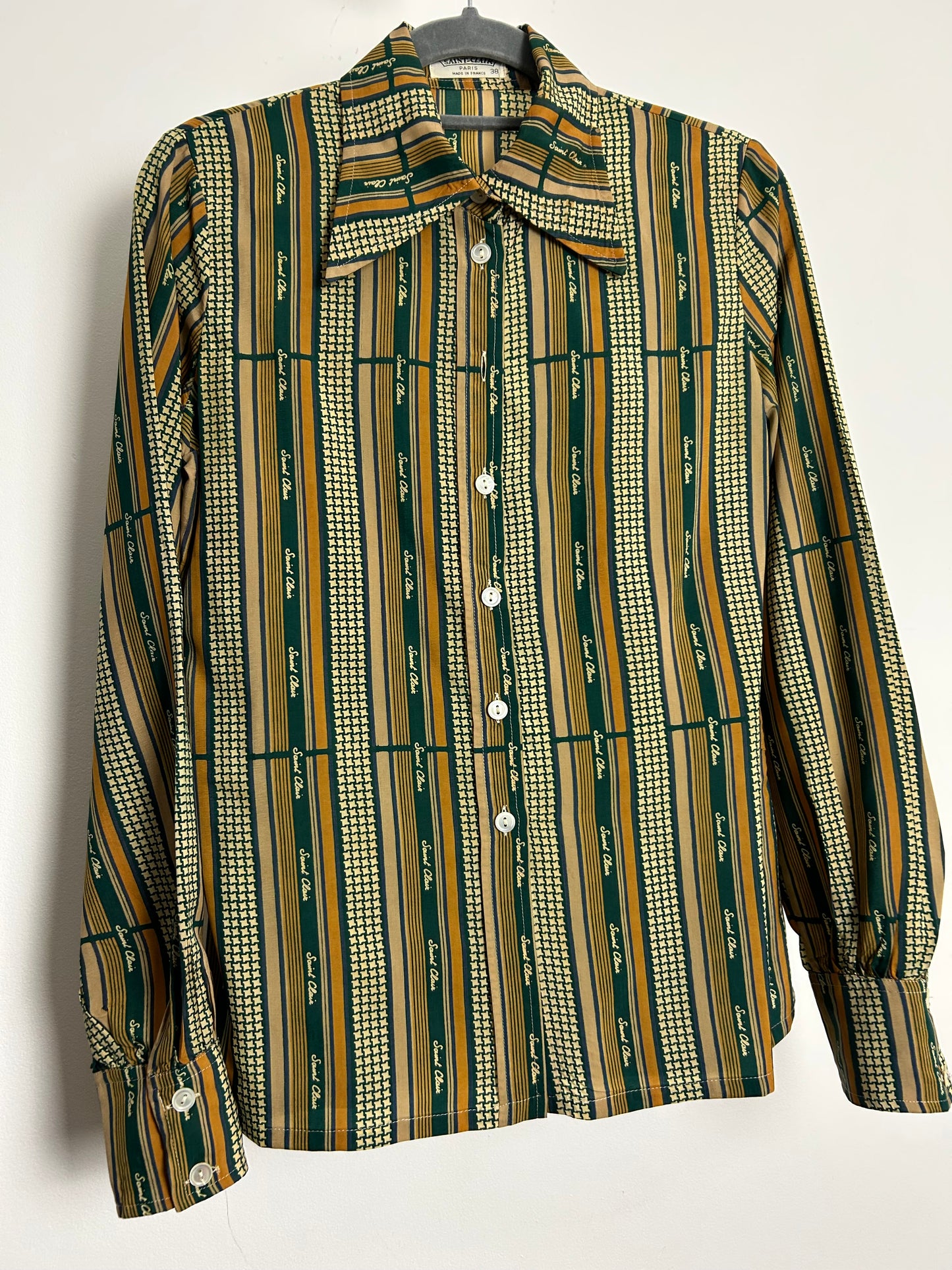 Vintage 1970s SAINT-CLAIR PARIS Size 8 Green Rust Tones Stripe Print Long Sleeve Shirt