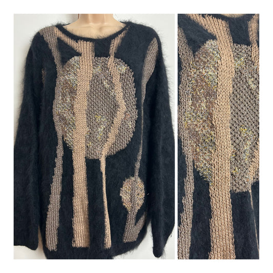 Vintage 1980s Up To Size 16-18 Black Beige Mocha & Silver Angora Mix Super Soft Jumper