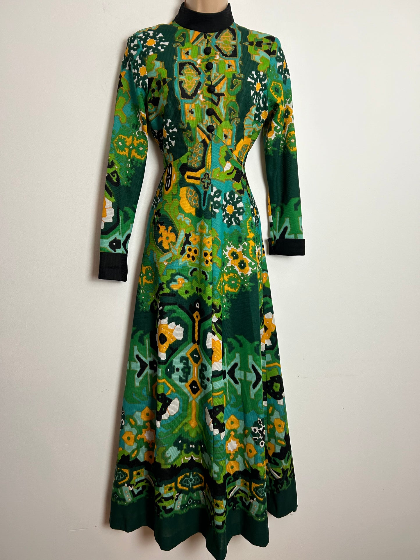 Vintage 1970s UK Size 10 Stunning Green Yellow & Turquoise Abstract Print Long Sleeve Boho Maxi Dress