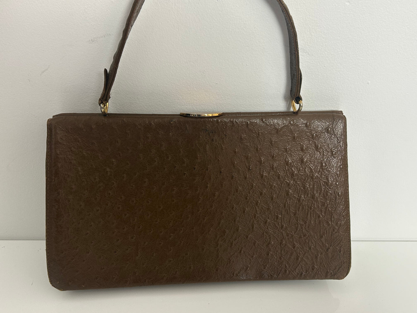 Vintage 1960s Large Brown Leather Ostrich Embossed Kelly Style Handbag