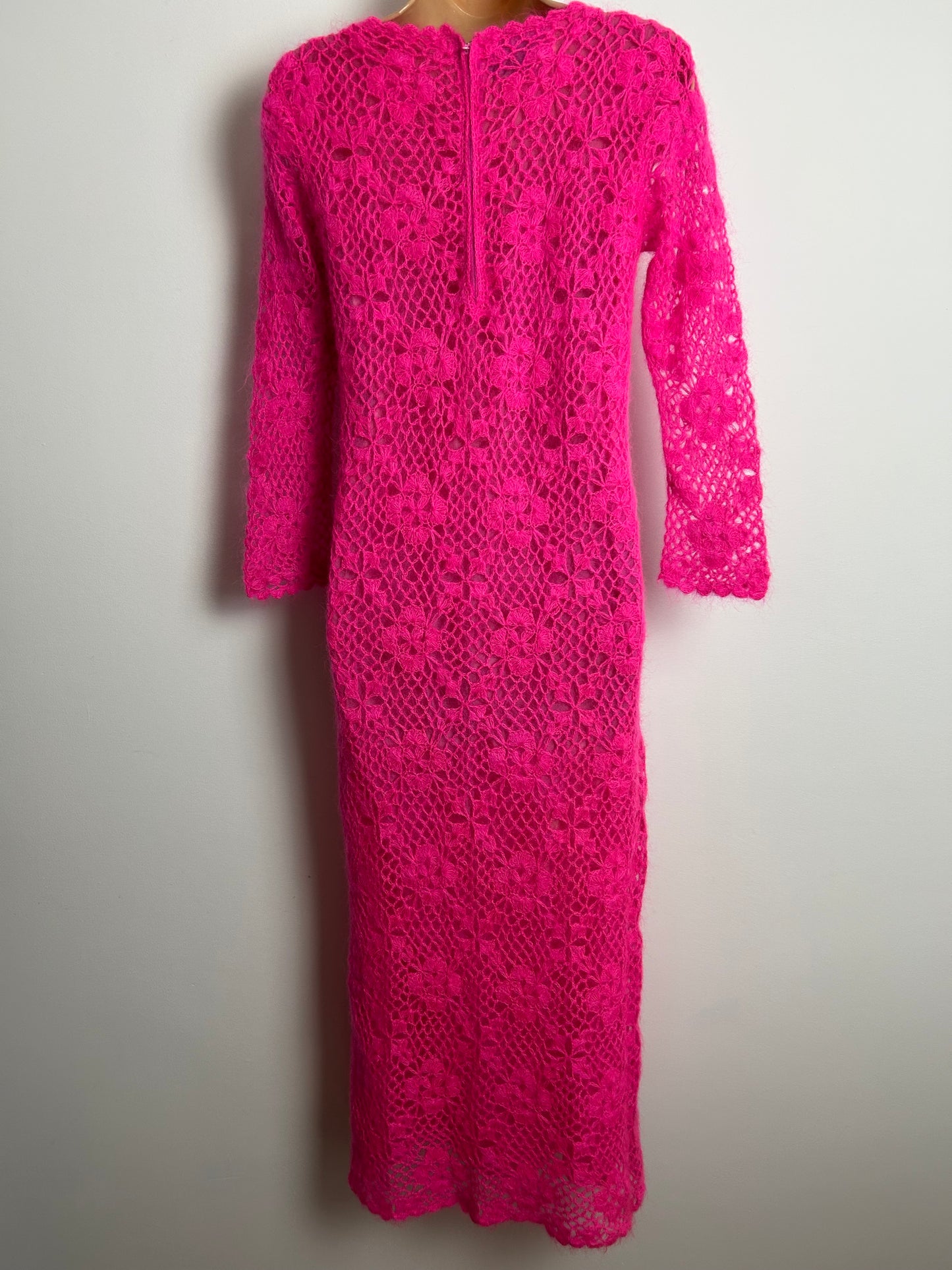 Vintage 1960s ELIZABETH MAI Made In Hong Kong Size 10-12 Beautiful Hand Crochet Hot Pink 100% Mohair Fully Lined Maxi Dress
