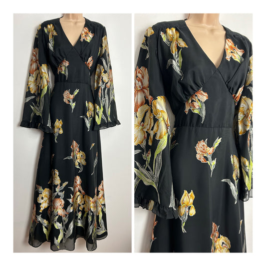 Vintage 1970s VERA MONT PARIS UK Size 10-12 Black Iris Print Long Flared Sleeve Tie Back Boho Maxi Dress