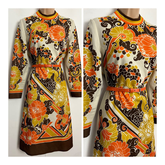 Vintage 1970s LADIES PRIDE UK Size 12 Cream Brown Orange & Mustard Yellow Floral & Stripe Print Long Sleeve Dress