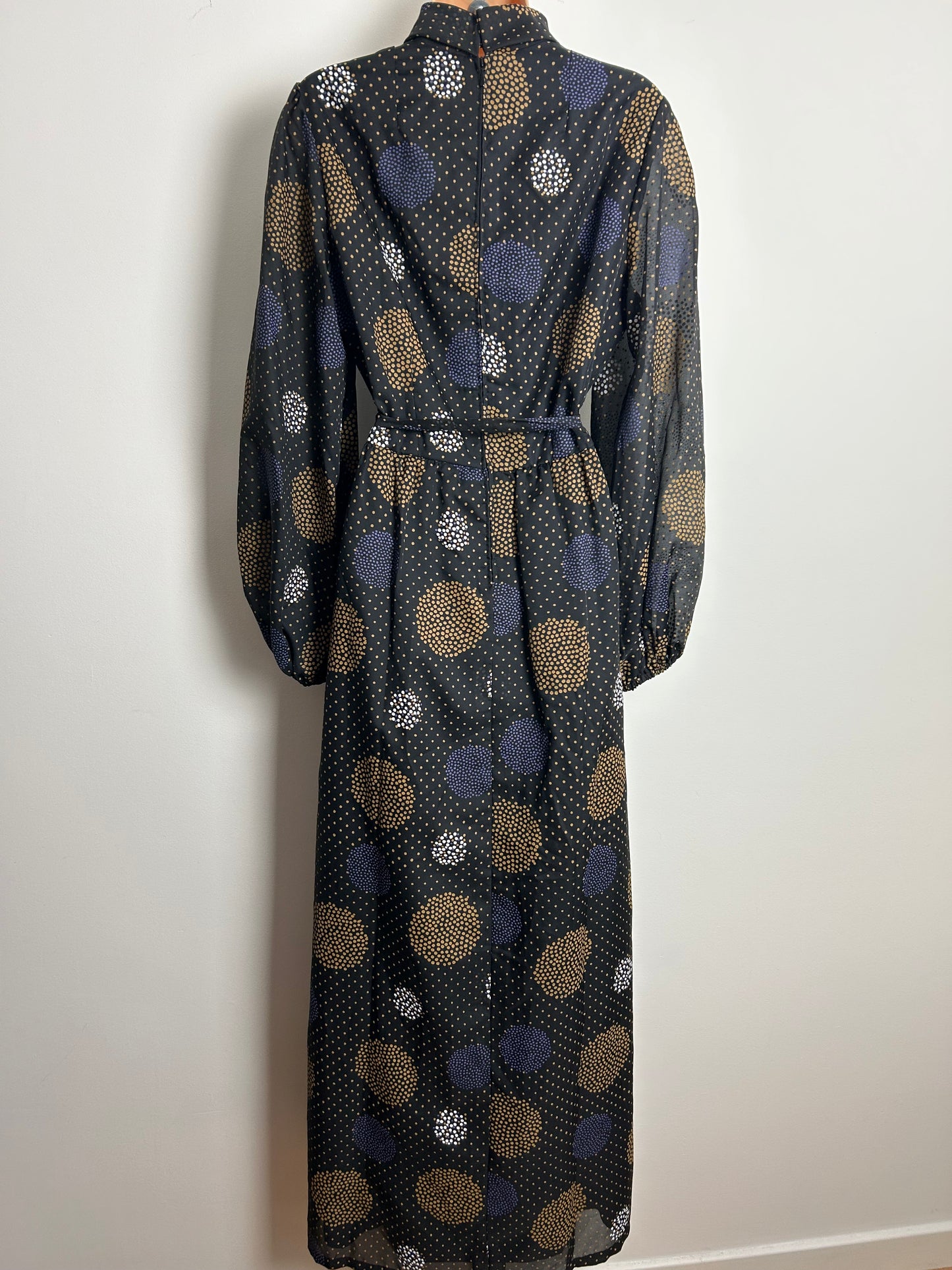 Vintage 1970s Size 12 Black Brown Purple & White Polka Dot Spotty Circle Print Belted Maxi Dress