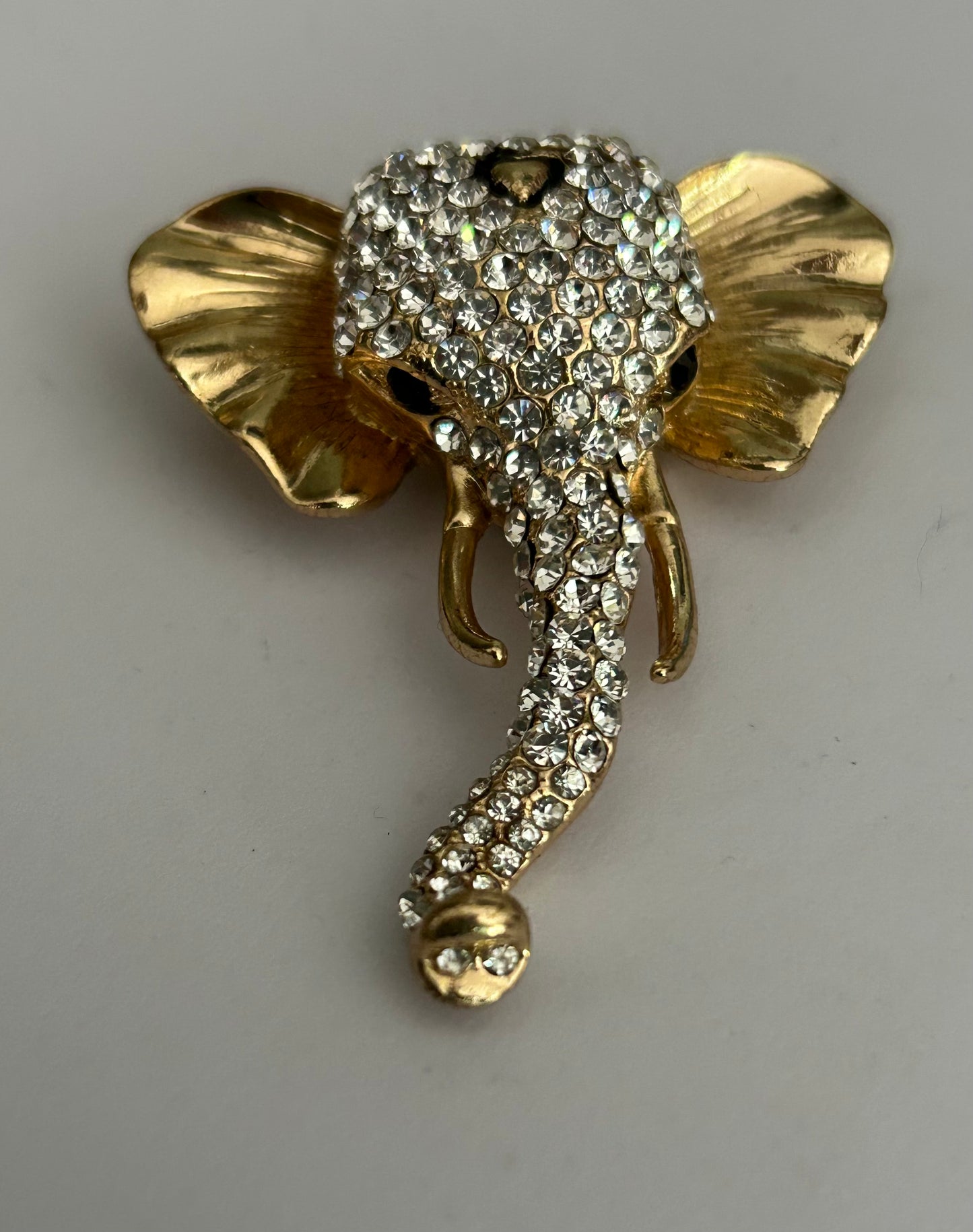 Vintage Large Gold Tone Diamante Rhinestone Set Elephant Head Pin Brooch