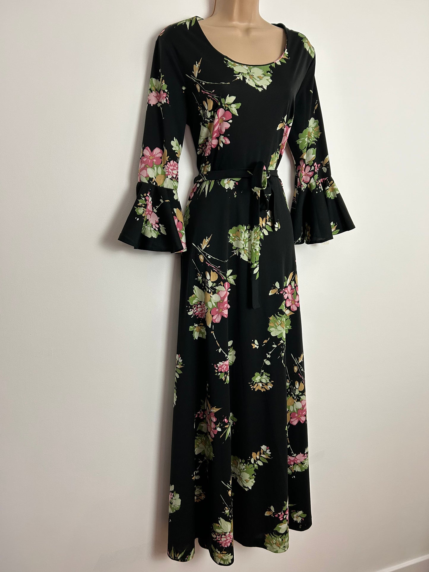 Vintage 1970s HEATHKNIT Deadstock UK 12 Black Pink & Green Floral Print Flared Cuff Boho Maxi Dress