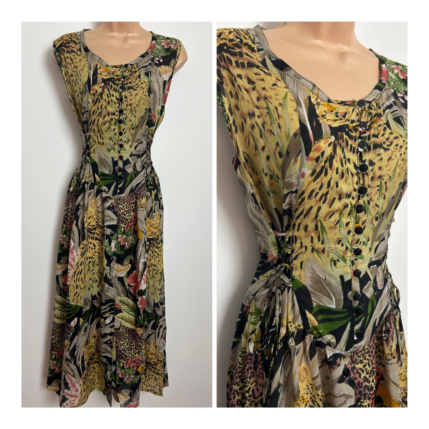 Vintage 1980s Size 12 Beige Brown & Green Leopard Animal Jungle Print Cotton Mix Midi Dress