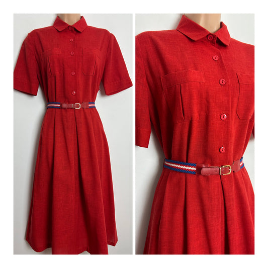 Vintage 1970s ST MICHAEL Size 10 Red Pocket Detail Short Sleeve Stripe Canvas Belted Shirt Style Dress