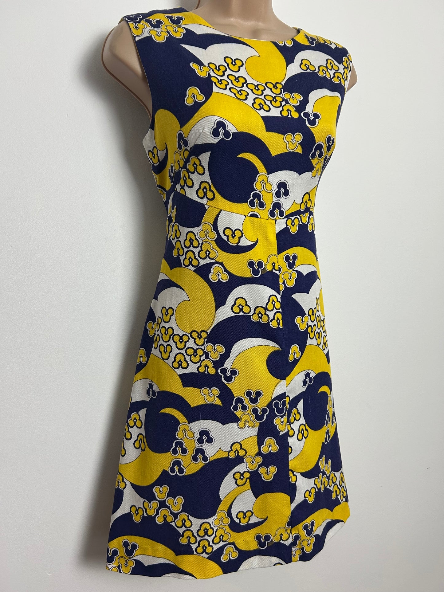 Vintage 1960s Size 8 Navy Blue Yellow & White Psychedelic Print Cotton Mini Mod Shift Dress