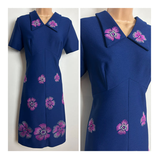 Vintage 1960s Size 12 Navy Blue Pink & Silver Embroidered Floral Mod Shift Dress