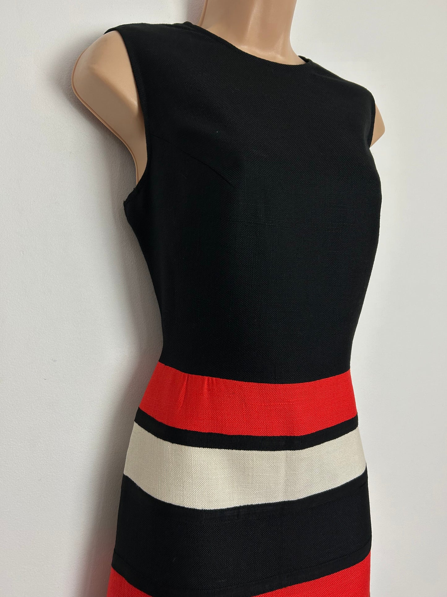 Vintage 1960s DIETER GERHARD UK Size 12 Black Red & Cream Stripe Pattern Sleeveless Occasion Column Maxi Dress