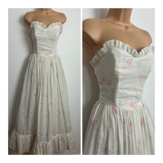 Vintage Early 1980s PETER ELLIS Size 6-8 Beautiful White Pink & Blue Floral Print Cotton Strapless Summer Prom Dress