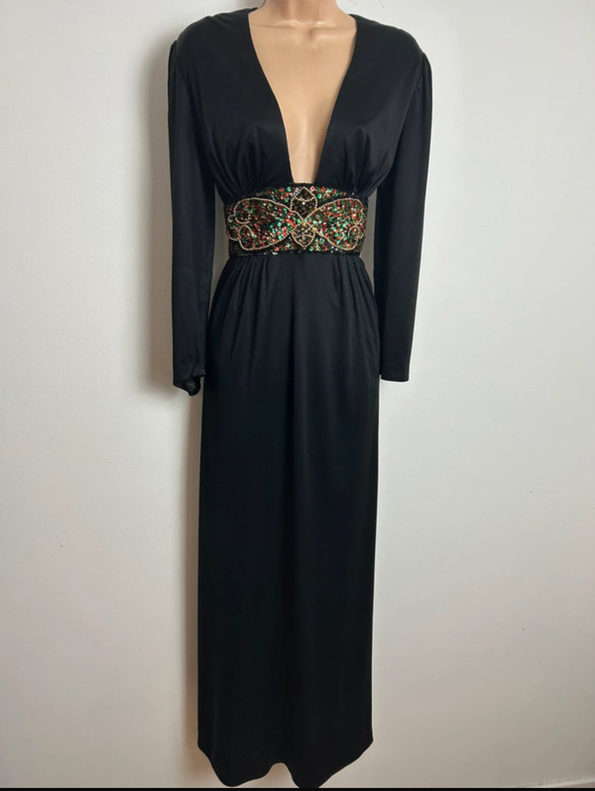 Vintage 1970s Size 14 Black Plunge Neck Sequin & Bead Detail Occasion Evening Maxi Dress