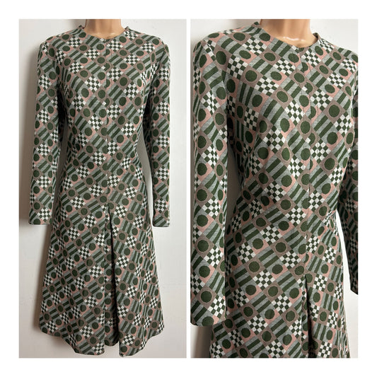 Vintage 1960s DUCHESSE ANNE Size 14-16 Green &  Pink Check & Circle Print Mod Shift Dress