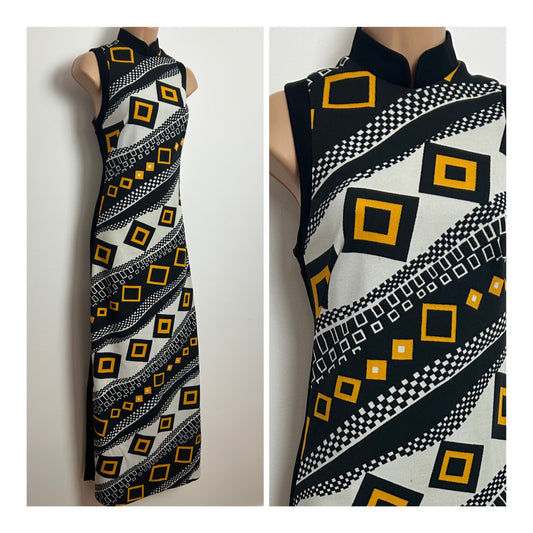 Vintage Early 1970s AMAZING Size 6-8 White Black & Yellow Geometric Print Column Maxi Dress