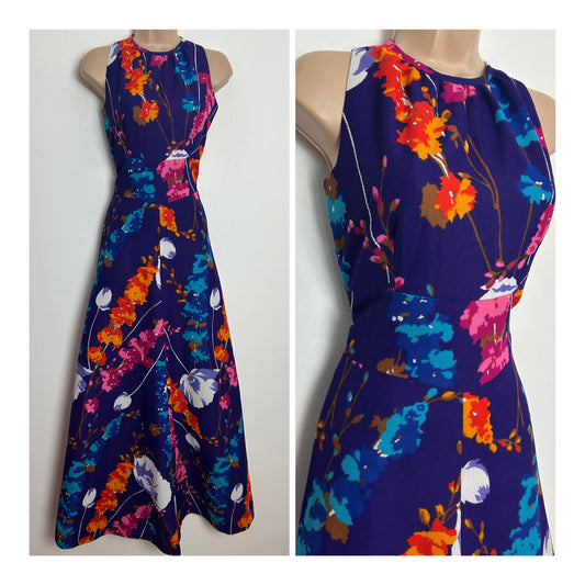 Vintage 1970s Size 8 Purple Pink & Orange Floral Print Sleeveless Maxi Dress
