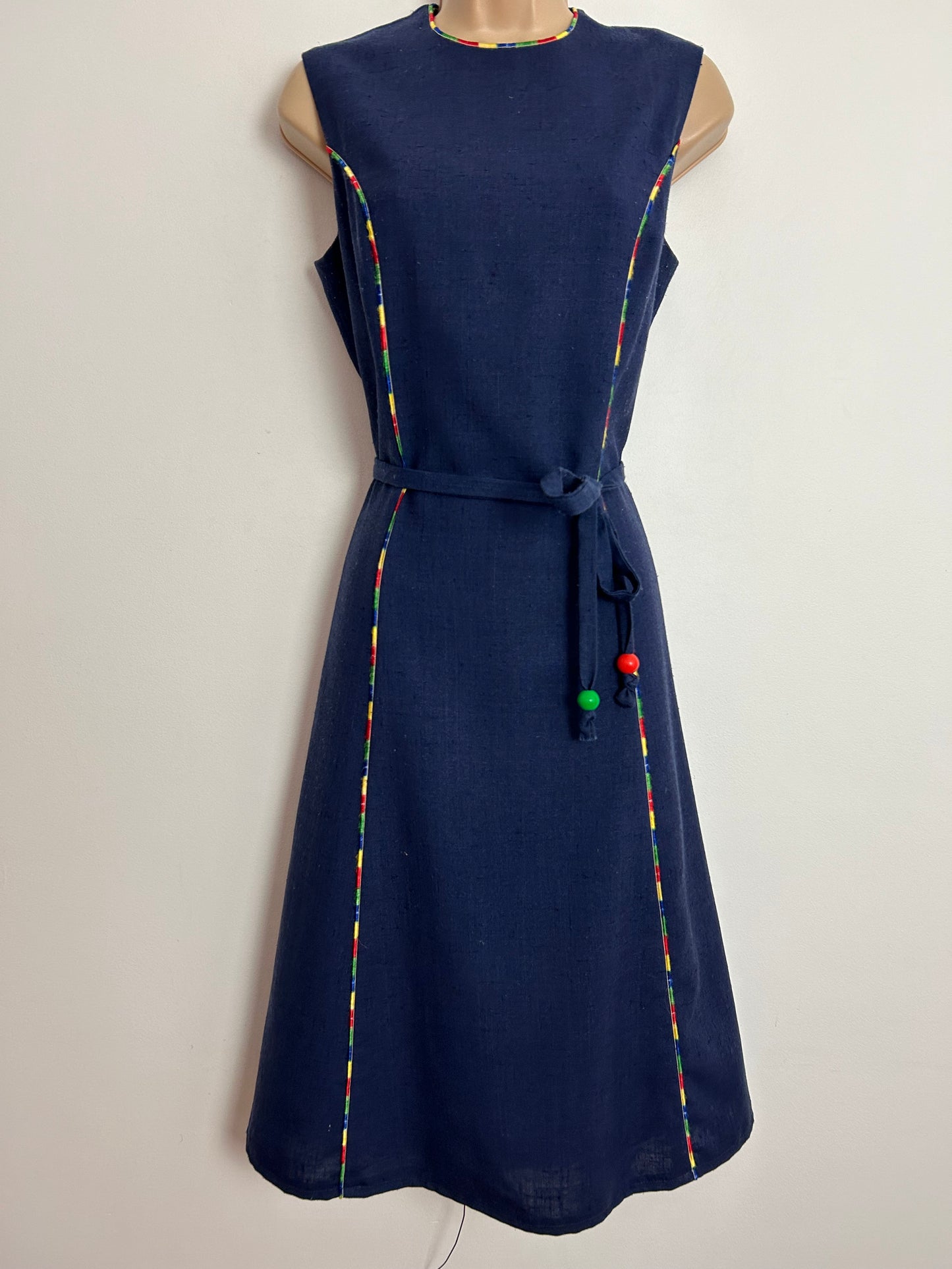 Vintage 1970s MARISA By KITTY COPELAND UK Size 10 Navy Blue Rainbow Thread Braid Trim Belted Sleeveless Dress