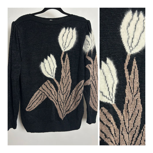 Vintage 1980s Up to Size 16 Black Brown & White Flower Pattern Long Sleeve Jumper