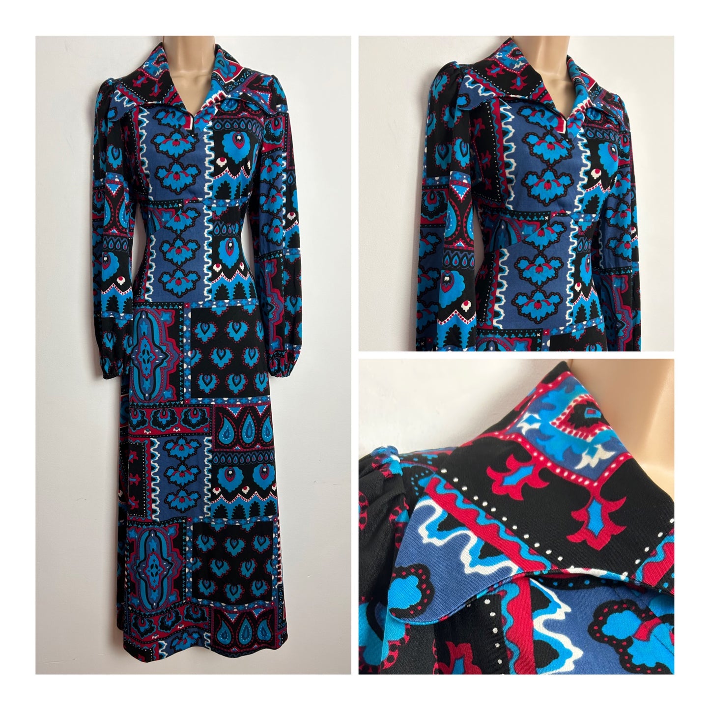 Vintage 1970s UK Size 10 Black Blue & Red AMAZING Abstract Print Long Sleeve Boho Maxi Dress