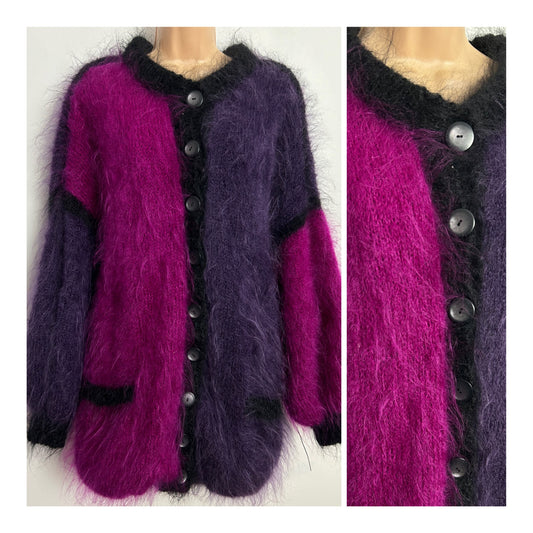 Vintage 1980s HILKE STAHL One Size Very Slouchy Purple Black & Dark Pink Mohair & Wool Long Sleeve Cardigan