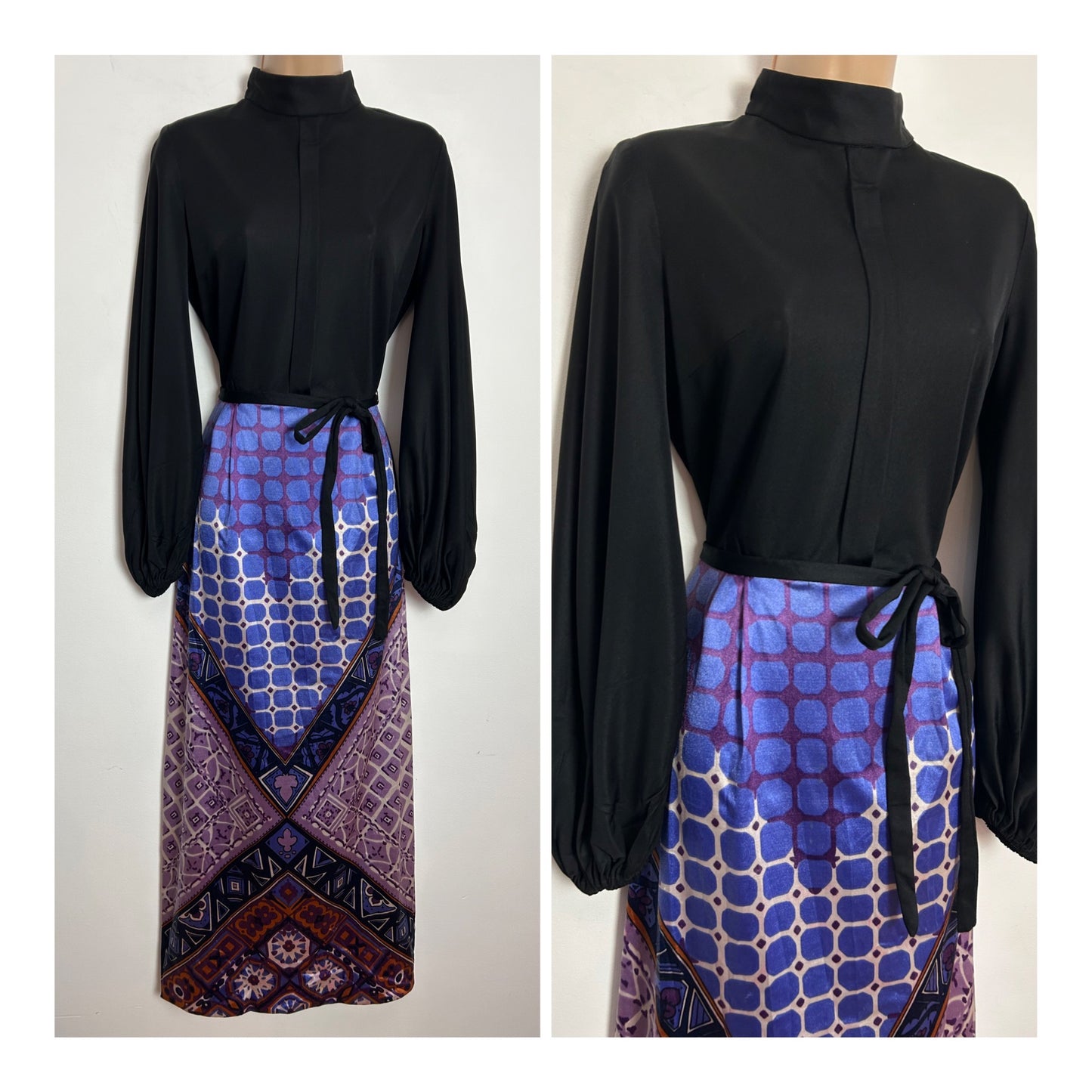 Vintage 1970s RICHARD SHOPS UK Size 10 Black Purple & Pink Abstract Print Long Sleeve Belted Boho Maxi Dress