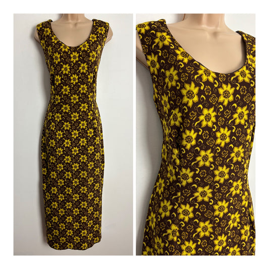 Vintage 1970s UK size 10-12 Brown & Yellow Floral Print Sleeveless Polyester Column Midi Dress