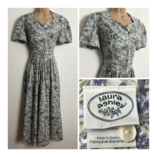 Vintage 1980s LAURA ASHLEY Size 8 (Size 12 On Label) White Blue & Green Floral Tea Dress