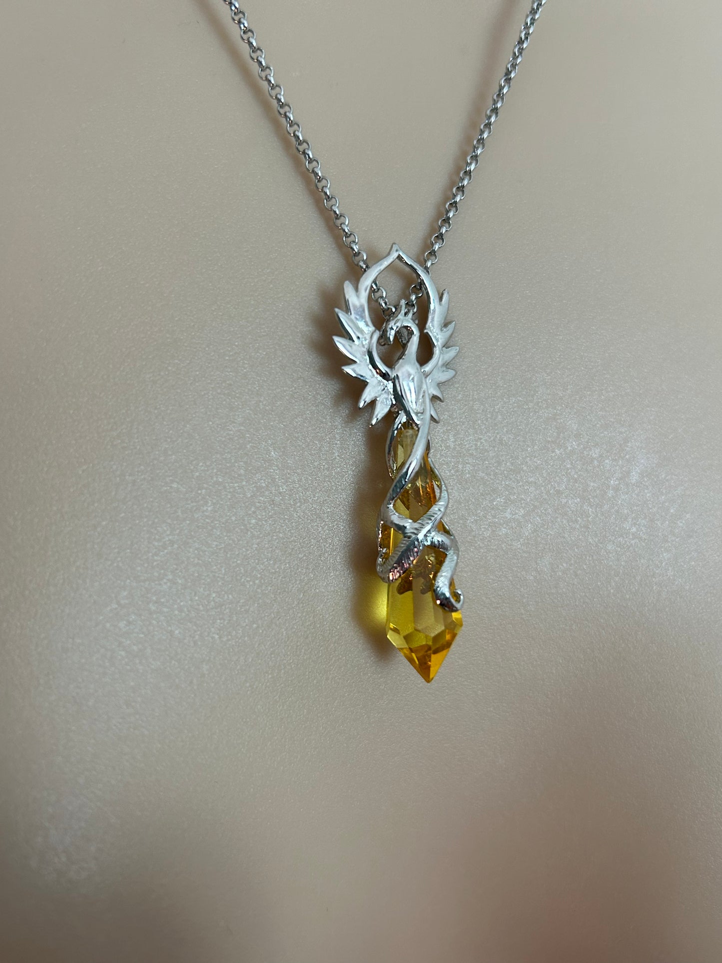 Gorgeous Silver Tone Phoenix Amulet Pendant With Yellow Glass Stone