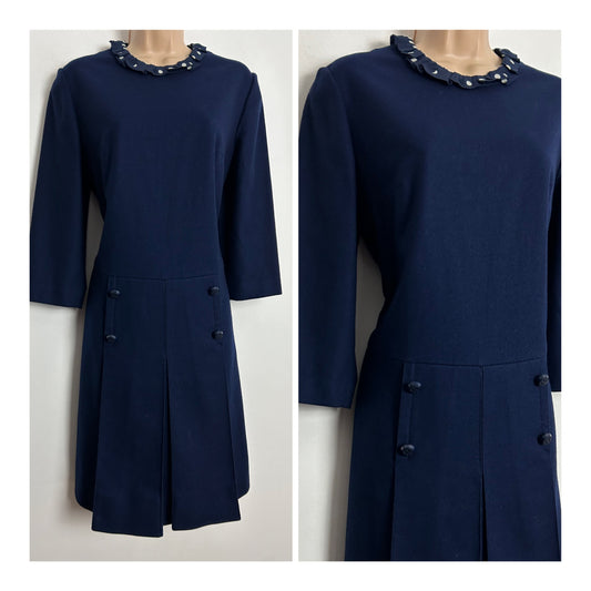 Vintage 1960s UK Size 10-12 Navy Blue Wool 3/4 Sleeve Polka Dot Collar Trim Mod Shift Dress