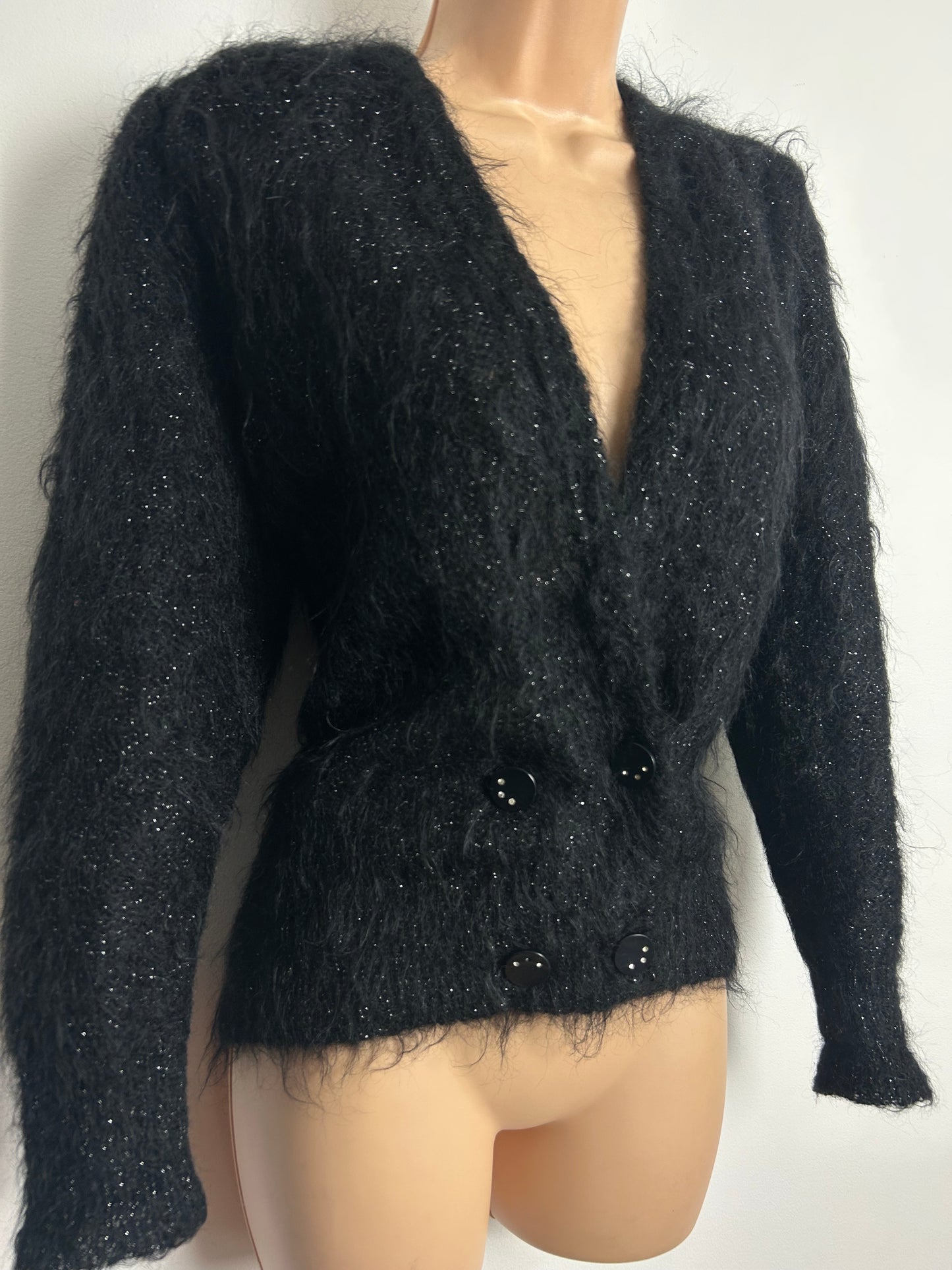 Vintage 1980s Size 12-14 Black Glittery Mohair Mix Cardigan