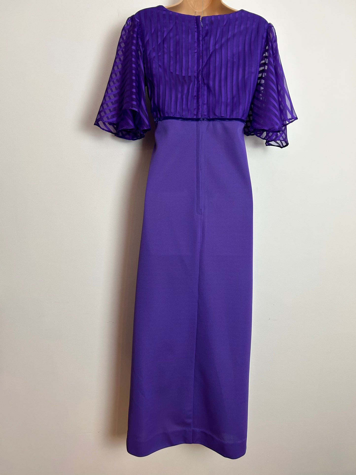 Vintage 1970s UK Size 12 Purple Stripe Chiffon Bodice Evening Occasion Maxi Dress