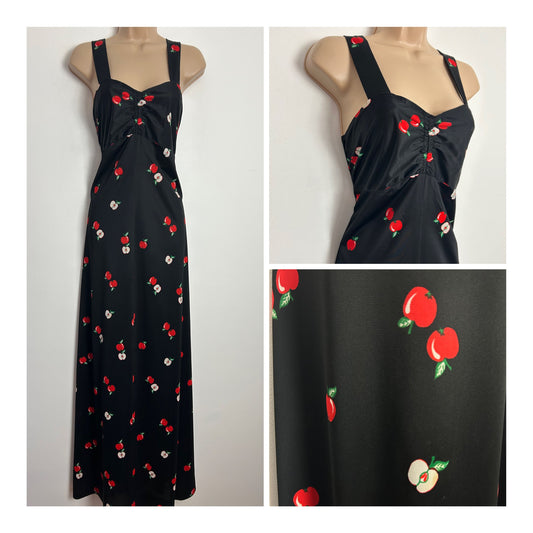 Vintage 1970s Size 10 Cute Black & Red Apple Print Strappy Maxi Dress