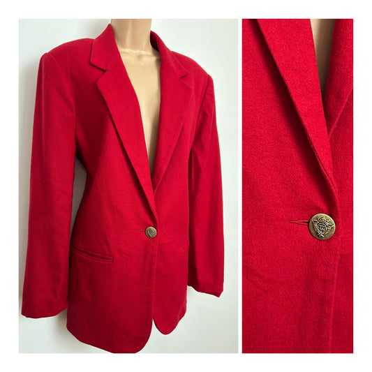 Vintage 1980s SAG HARBOR Size 14-16 Red Pure New Wool Military Style Longer Length Blazer