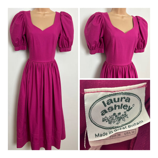 Vintage 1980s LAURA ASHLEY Size 8 (Size 12 On Label) Fuchsia Pink Puffed Sleeve Midi Dress