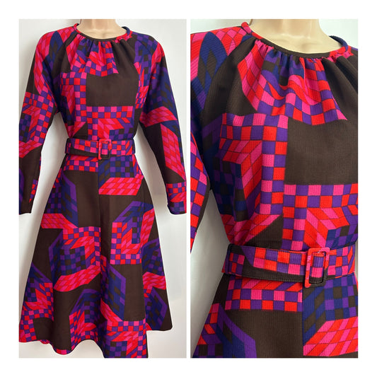 Vintage Early 1970s WINDSMOOR Size 14 Brown Red Pink & Purple Geo Check Print Long Sleeve Belted Dress