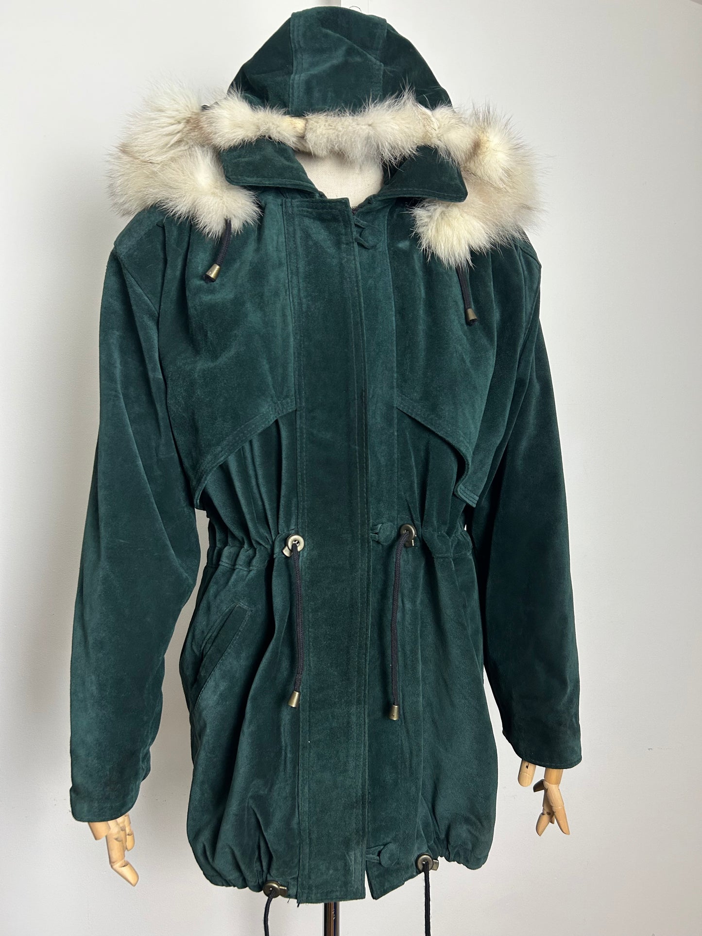 Vintage 1980s LEATHERSTIL ITALIAN Size 12-14 Dark Green Real Suede & Fur Trim Hooded Parka