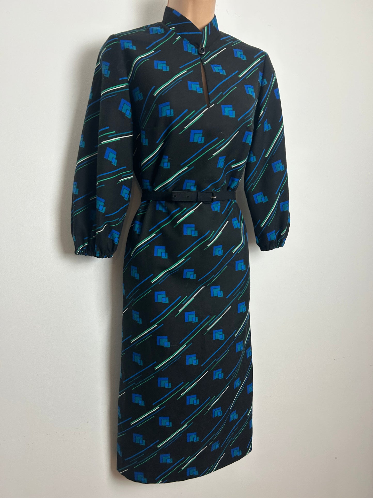 Vintage 1970s Size 12-14 Black Blue & Green Geo & Stripe Print Long Sleeve Belted Day Dress