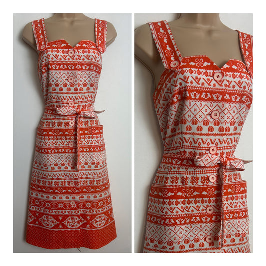 Vintage 1970s Size 10 Orange & White Abstract Geo Print Belted Pocket Detail Summer Day Dress