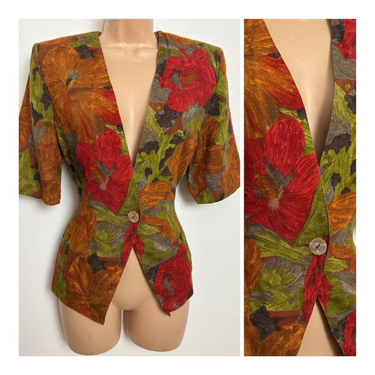 Vintge 1980s DRESSAGE BY PAUL COSTELLO Size 8 Rusty Brown Red & Green Floral Linen Mix Short Sleeve Blazer