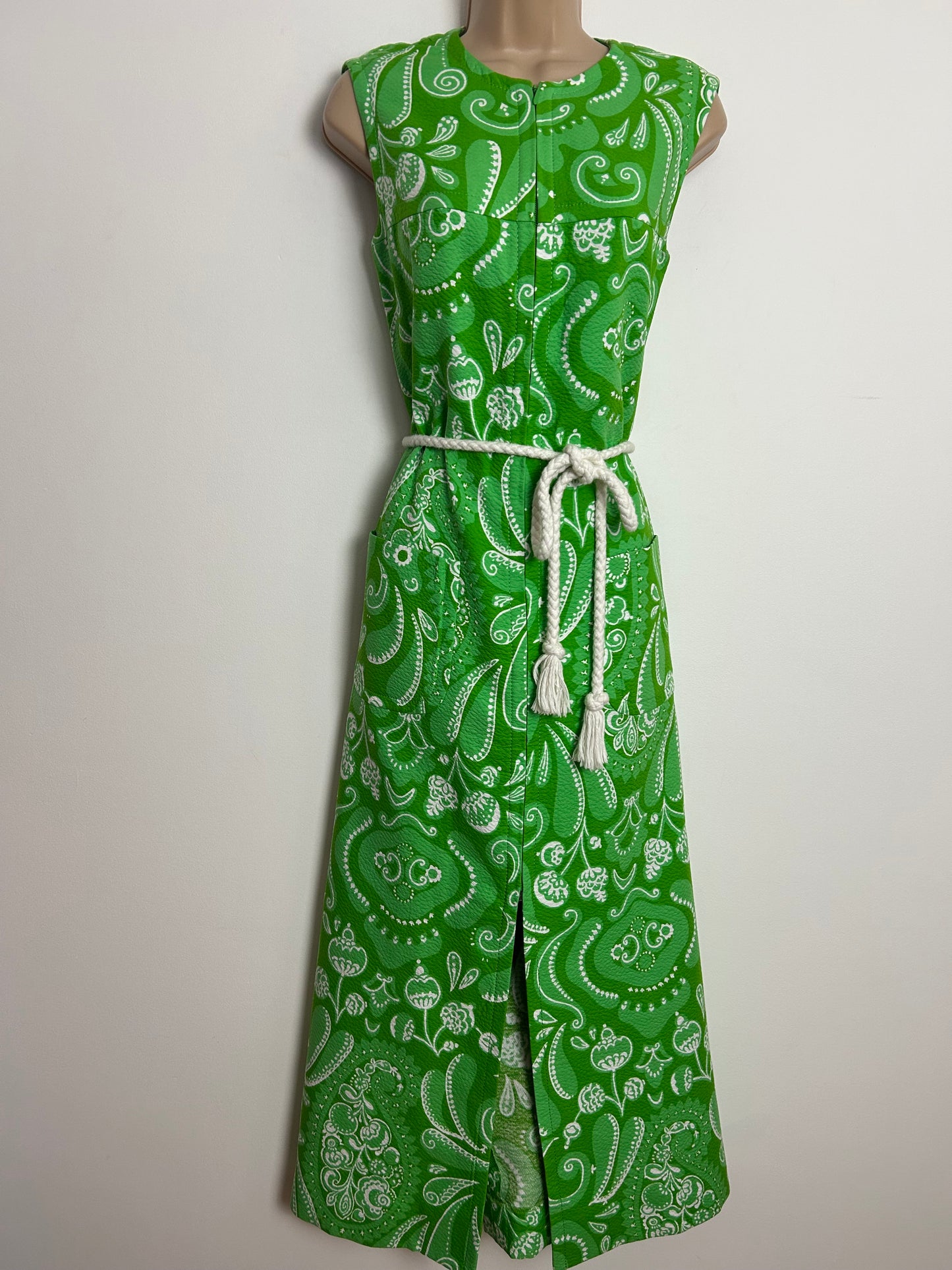 Vintage 1970s QUEILLER Size 10-12 Green & White Textured Cotton Floral & Paisley Print Belted Maxi Dress
