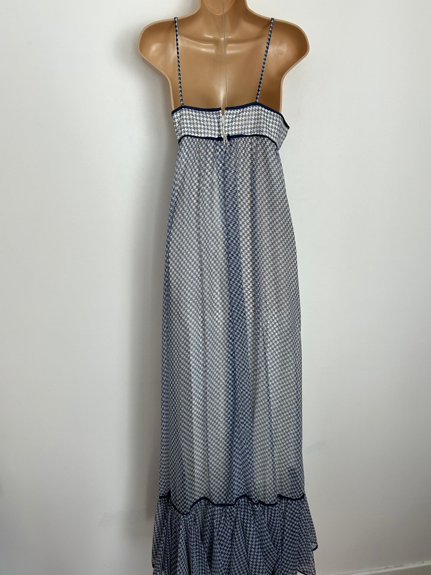 Vintage 1970s AFTER SIX BY RONALD JOYCE UK Size 8 Blue & White Dogtooth Check Strappy Empire Line Maxi Dress With Matching Scarf/Shawl