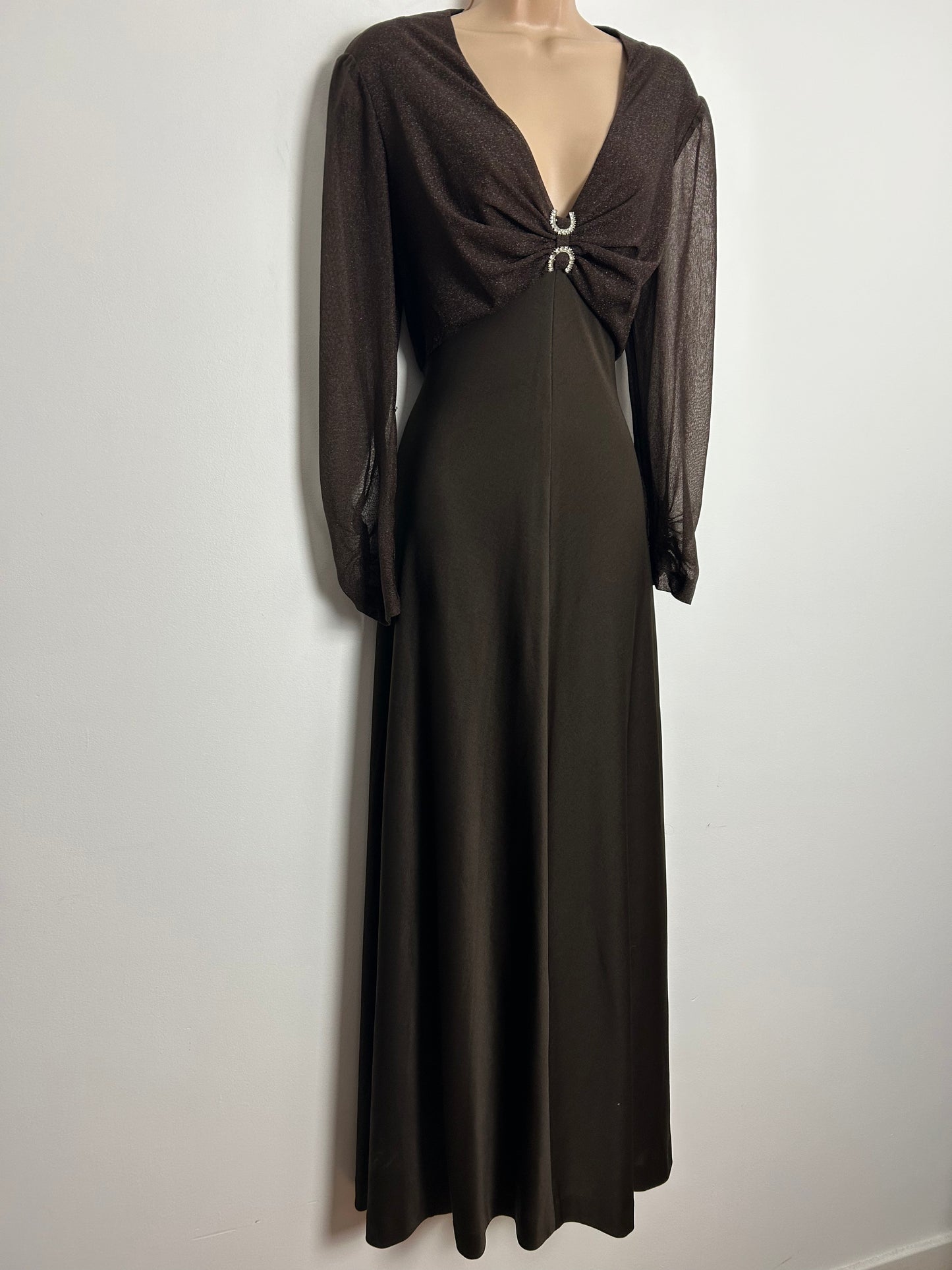 Vintage 1970s DOBETT UK Size 12-14 Brown Lurex Bodice Long Sleeve Occasion Evening Maxi Dress