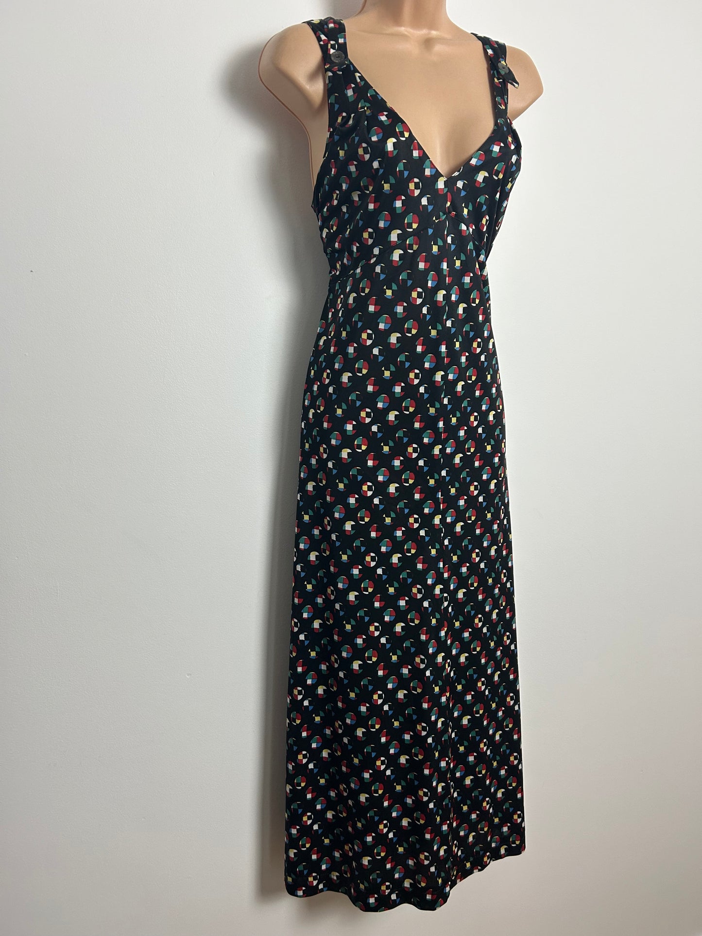 Vintage Late 1980s Early 1990s KL By KARL LAGERFELD Size 12 Black Geometric Print Cross Strap Maxi Dress