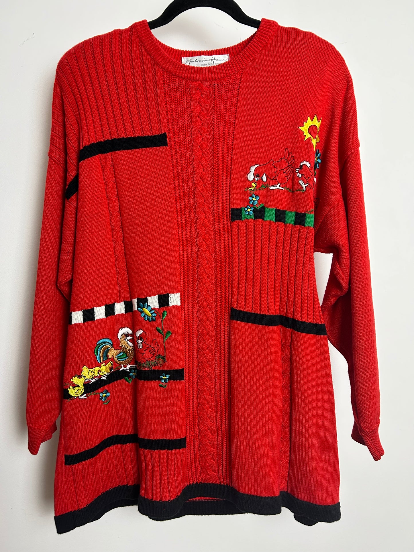 Vintage 1980s AMBROSIUS HEIM Up To Size 16 Red Cotton Mix Embroidered Chicken & Rooster Pattern Jumper