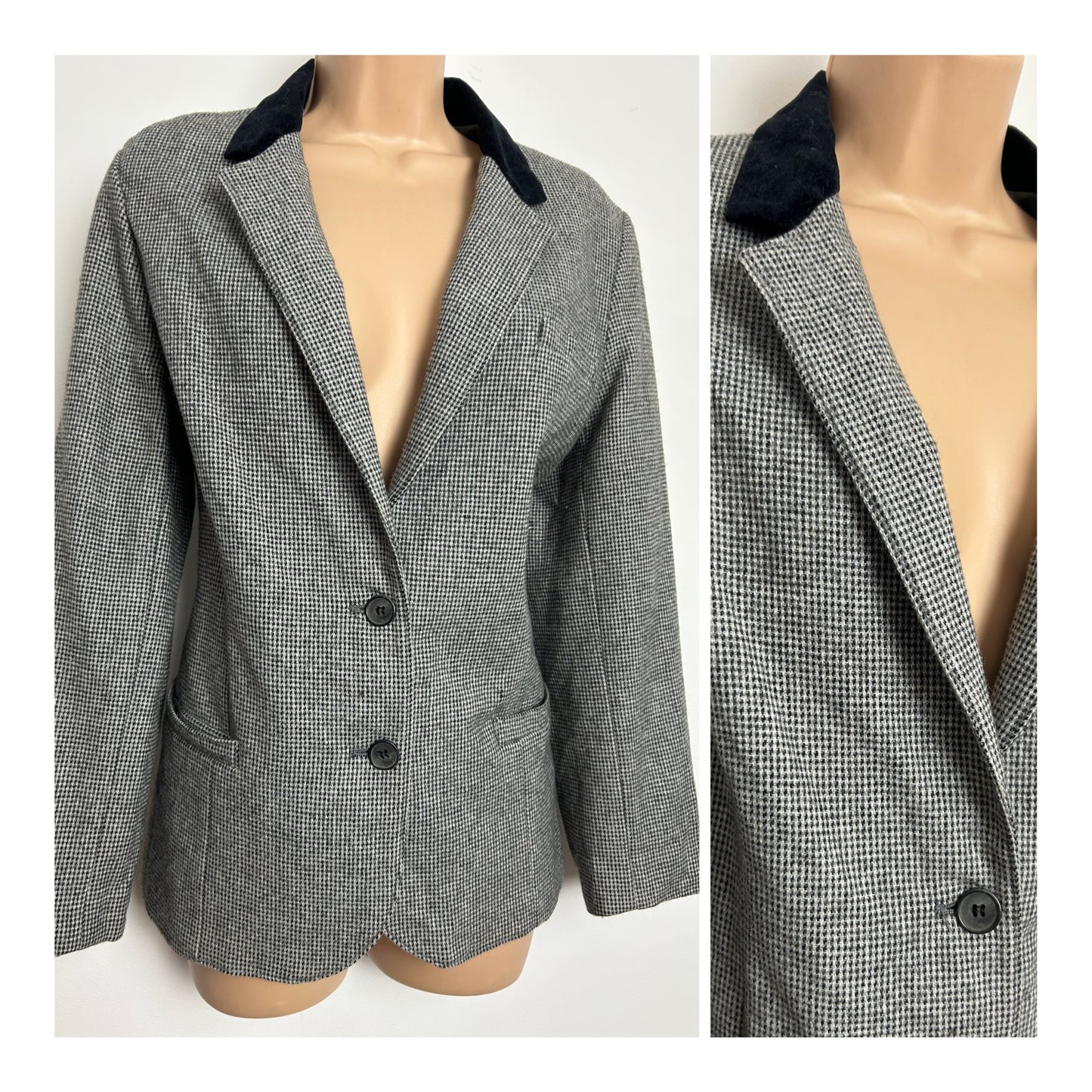 Vintage 1980s Size 14 Black & White Tweed Check Velvet Collar Wool Mix Blazer