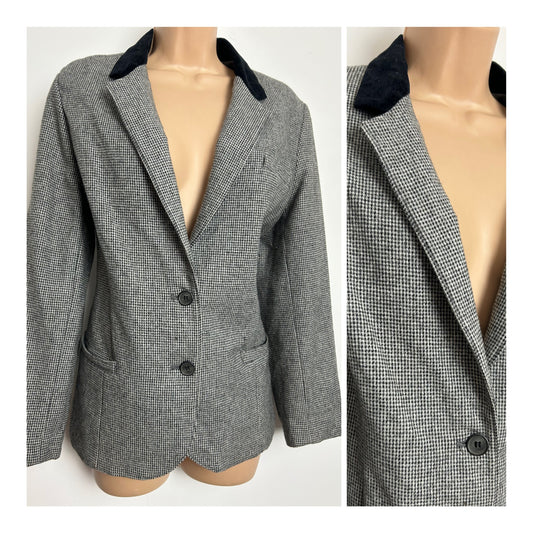 Vintage 1980s Size 14 Black & White Tweed Check Velvet Collar Wool Mix Blazer