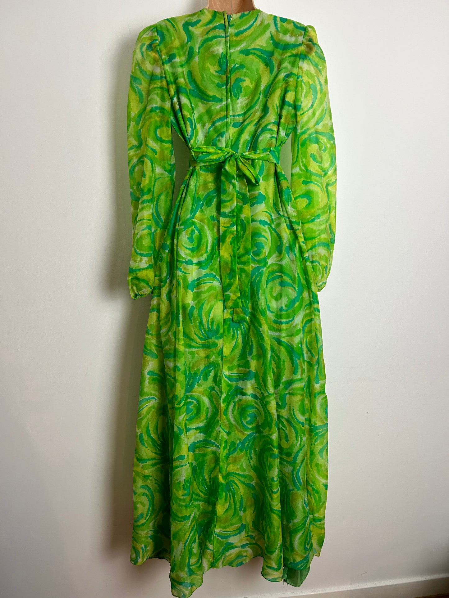 Vintage 1970s UK Size 12 Green Tones Abstract Print Wrap Tie Waist Long Sleeve Maxi Dress