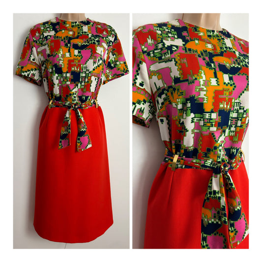 Vintage 1960s Size 12-14 Red Navy Blue Pink Orange & White Abstract Print Half Belted Mod Dress